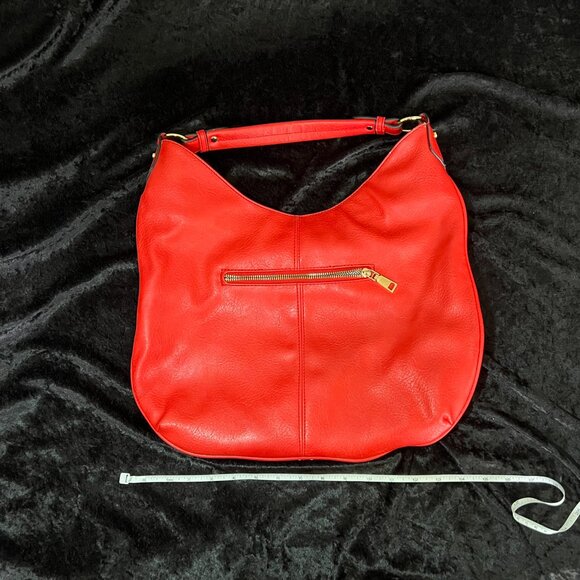Red faux leather purse with woven front, zip close, interior pockets, outer zip - Picture 3 of 8